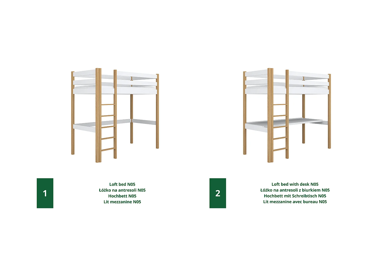 Lit mezzanine en bois - avec bureau N05 Blanc / Chêne Naturel 120x180