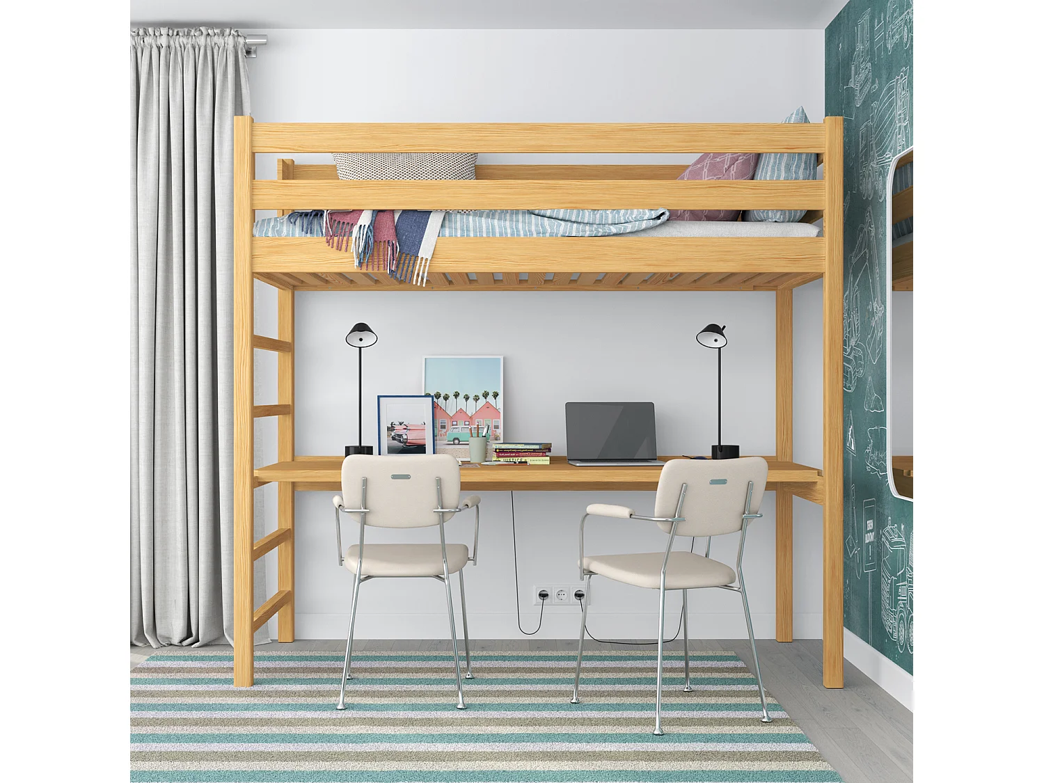 Lit mezzanine en bois - avec bureau N01 Pin Naturel 90x200