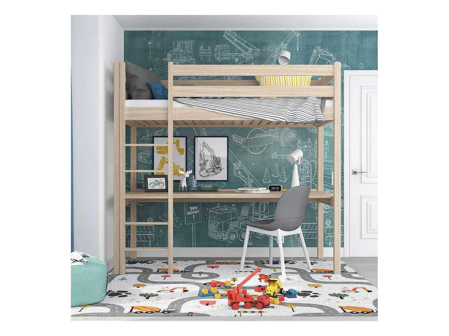 Lit mezzanine en chêne - avec bureau N05 Chêne Blanchi 90x200