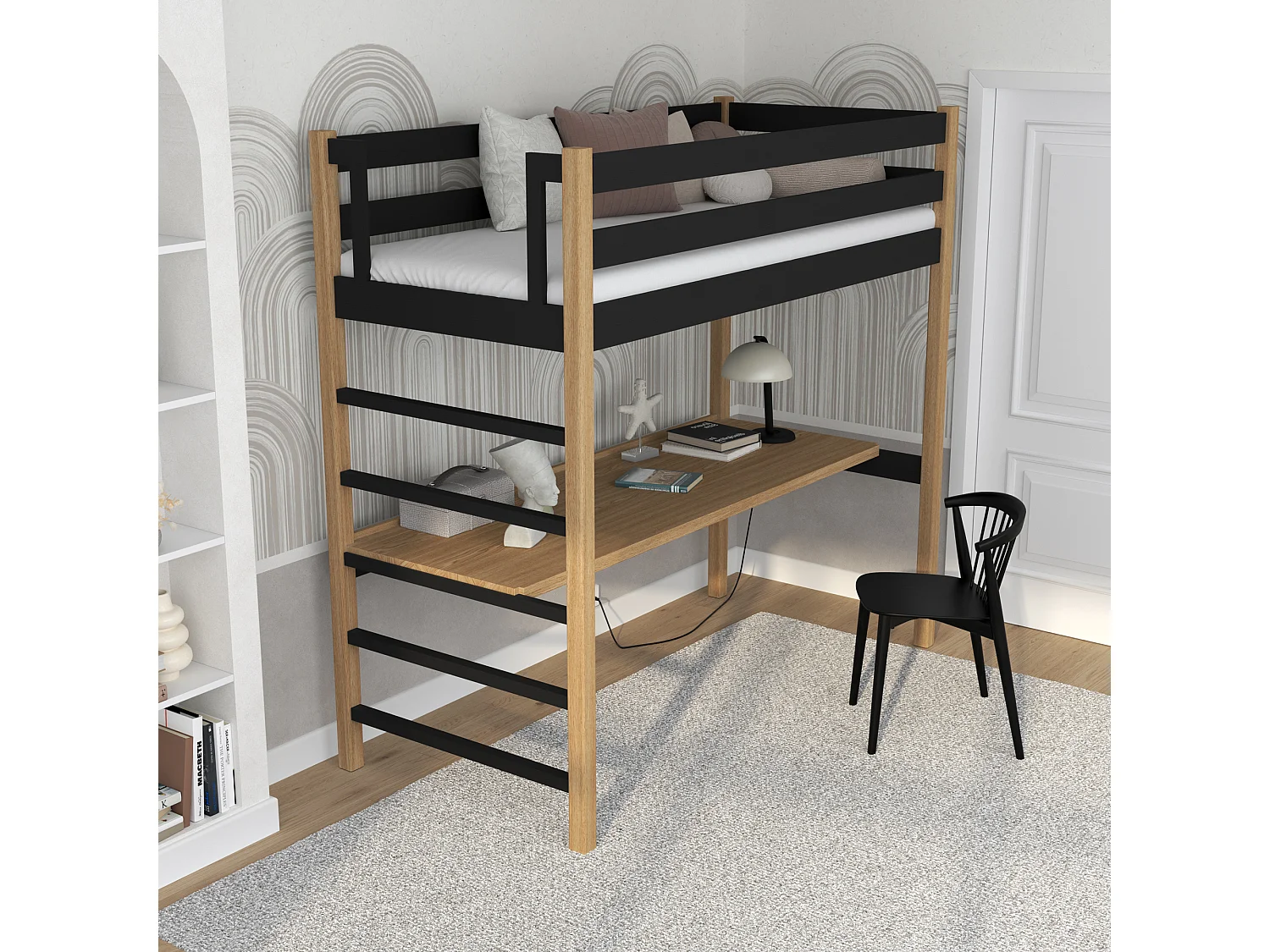Lit mezzanine en bois - avec bureau N01 Noir / Chêne Naturel 100x180