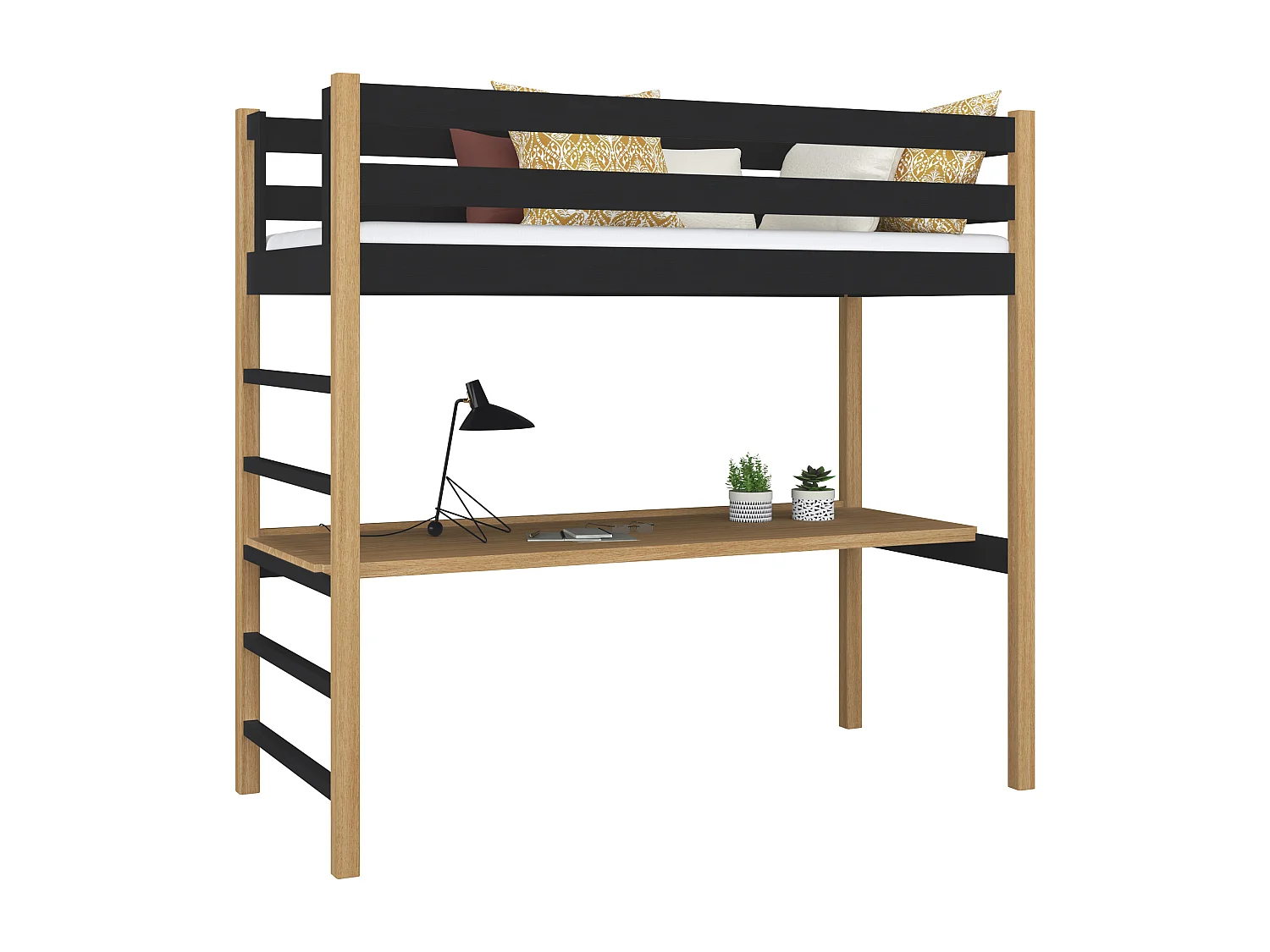 Lit mezzanine en bois - avec bureau N01 Noir / Chêne Naturel 100x180