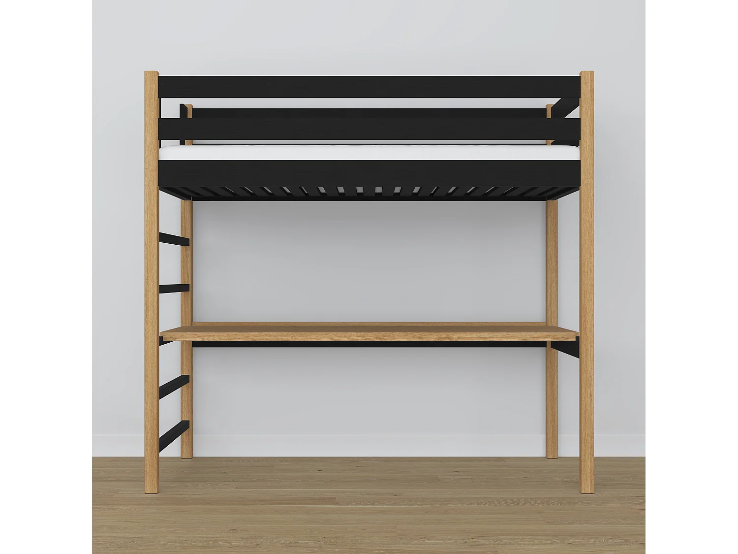 Lit mezzanine en bois - avec bureau N01 Noir / Chêne Naturel 100x180