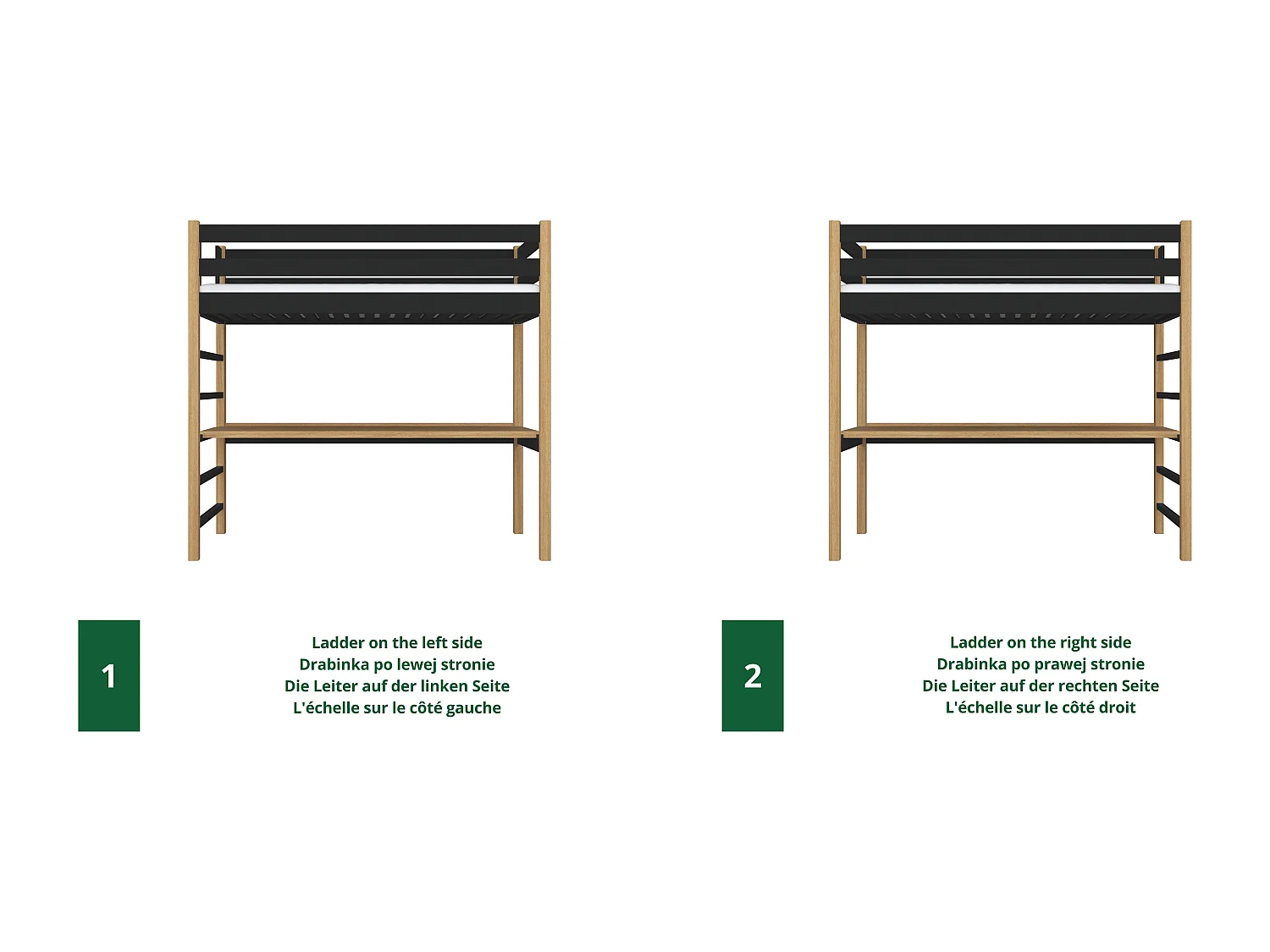 Lit mezzanine en bois - avec bureau N01 Noir / Chêne Naturel 100x180