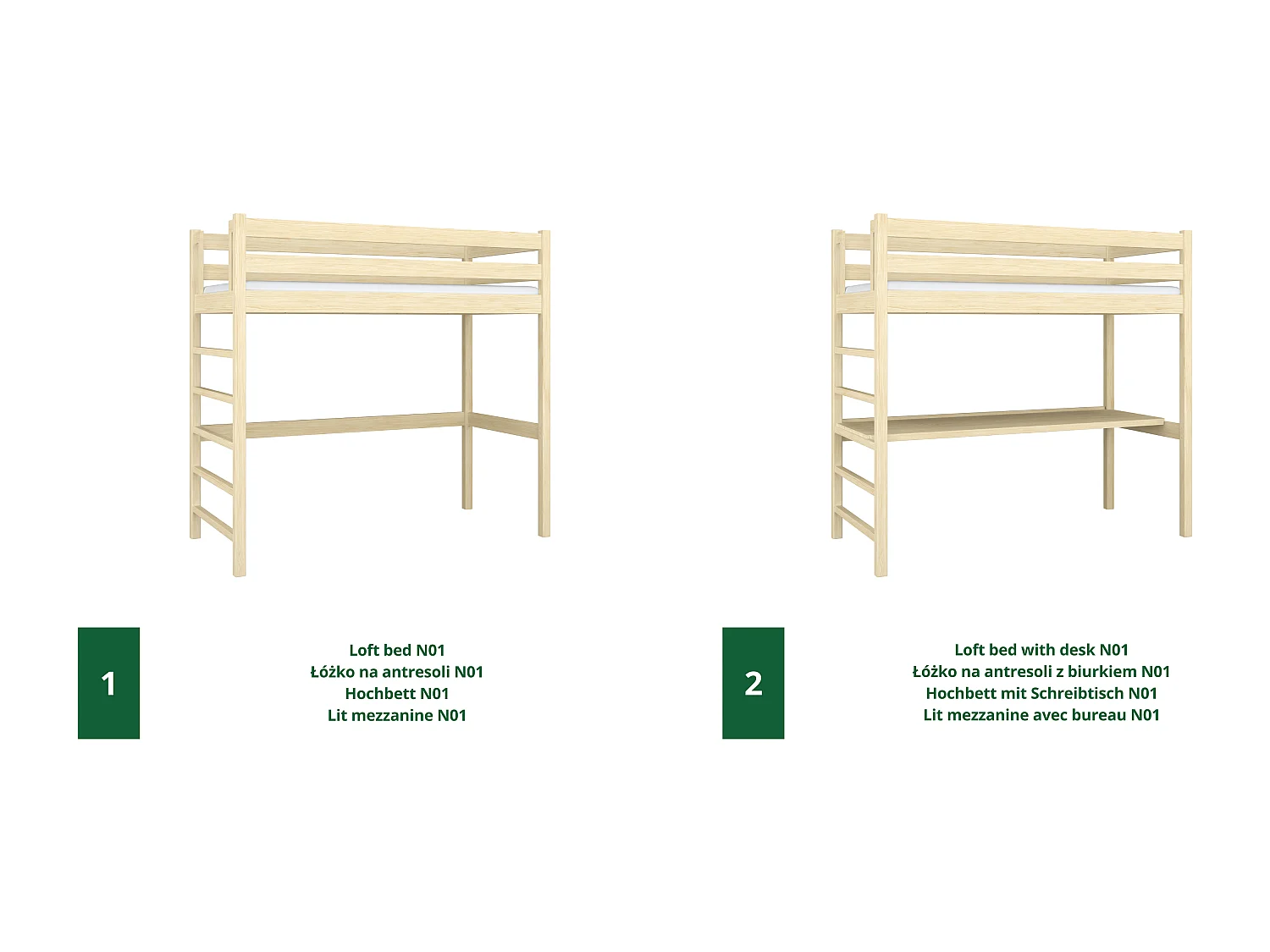 Lit mezzanine en bois - avec bureau N01 Pin Clair 100x190