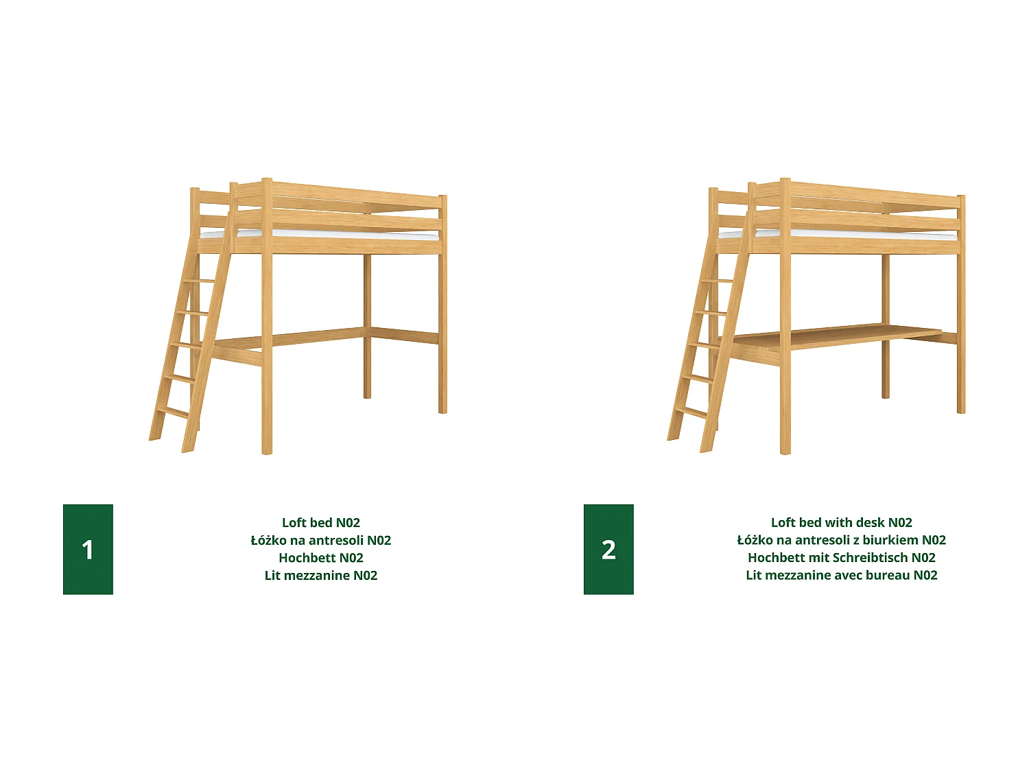 Lit mezzanine en bois - avec bureau N02 Pin Naturel 90x200