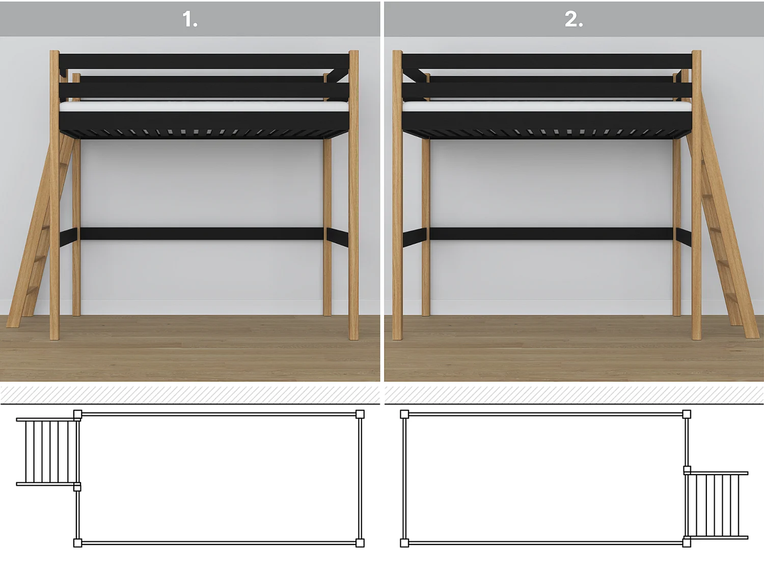 Lit mezzanine en bois N02 Noir / Chêne Naturel 120x180