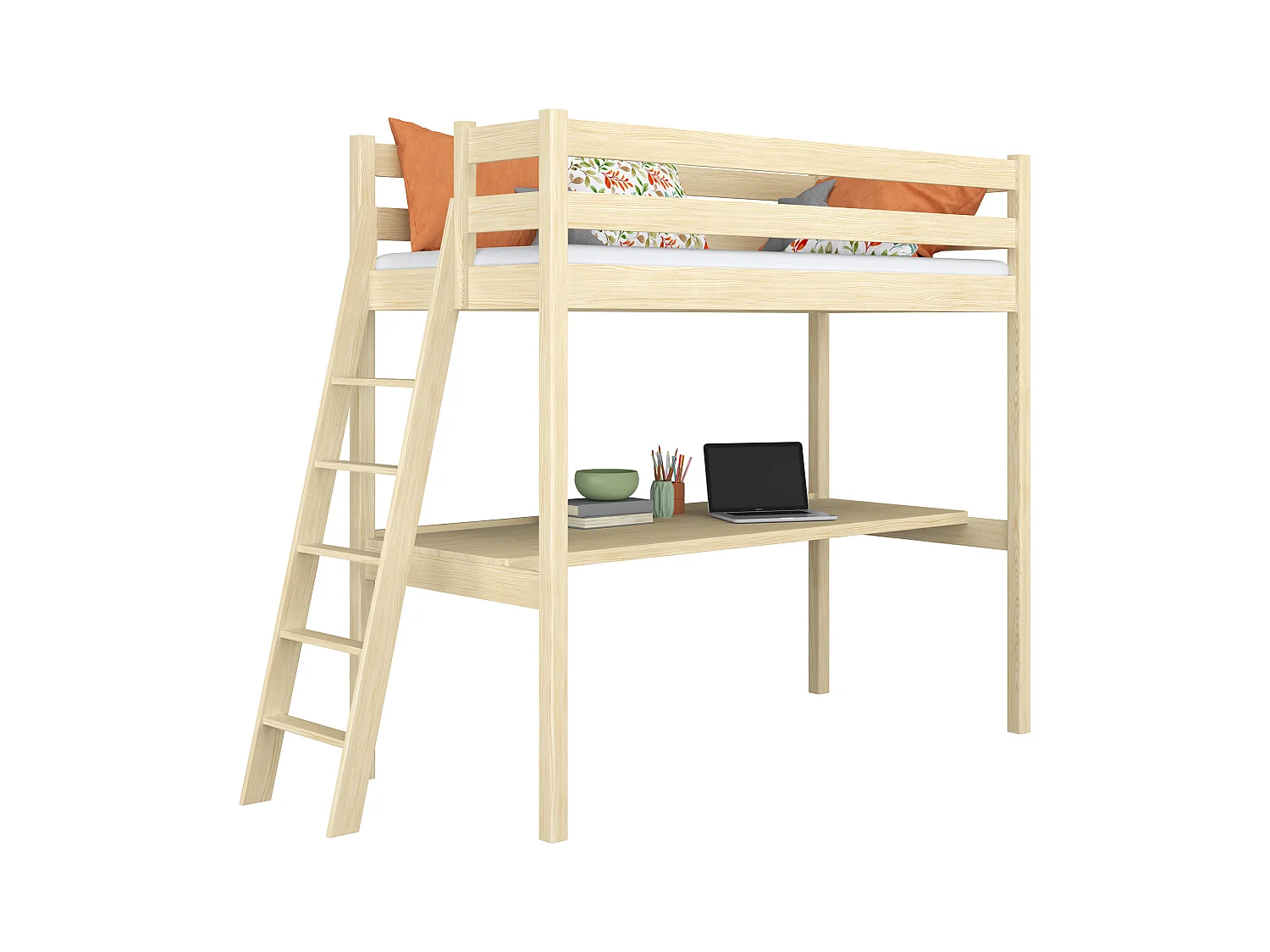 Lit mezzanine en bois - avec bureau N02 Pin Clair 90x190