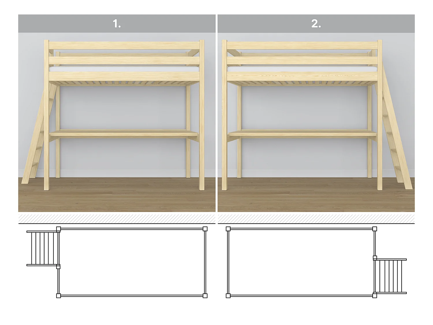 Lit mezzanine en bois - avec bureau N02 Pin Clair 90x190