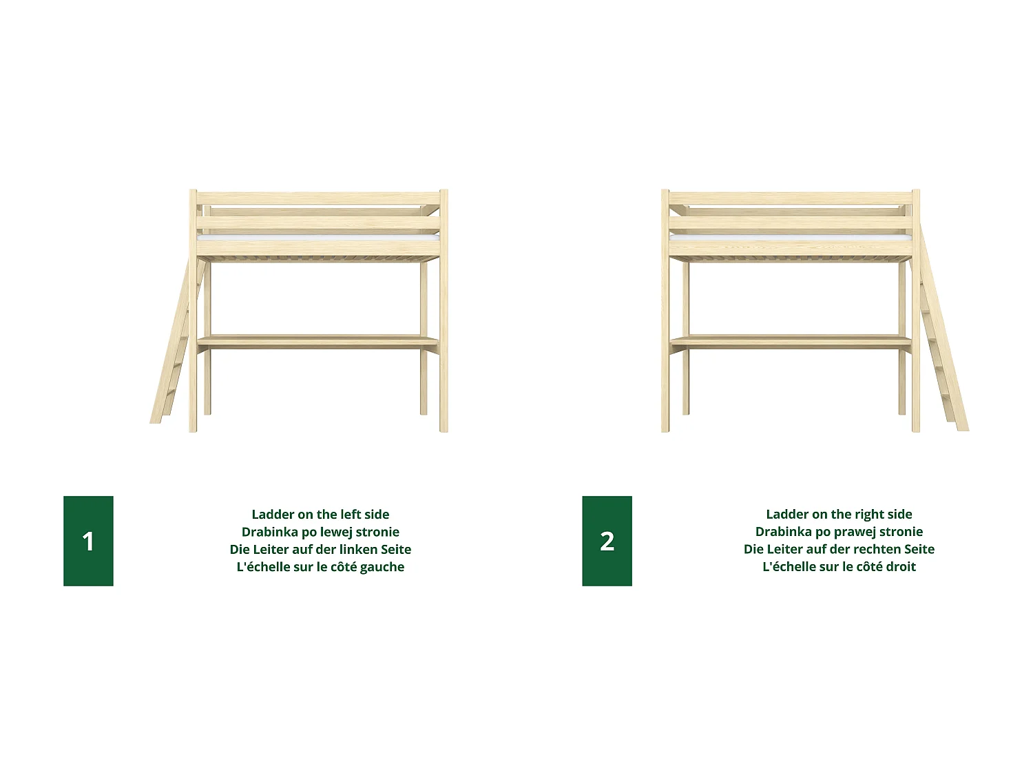 Lit mezzanine en bois - avec bureau N02 Pin Clair 90x180