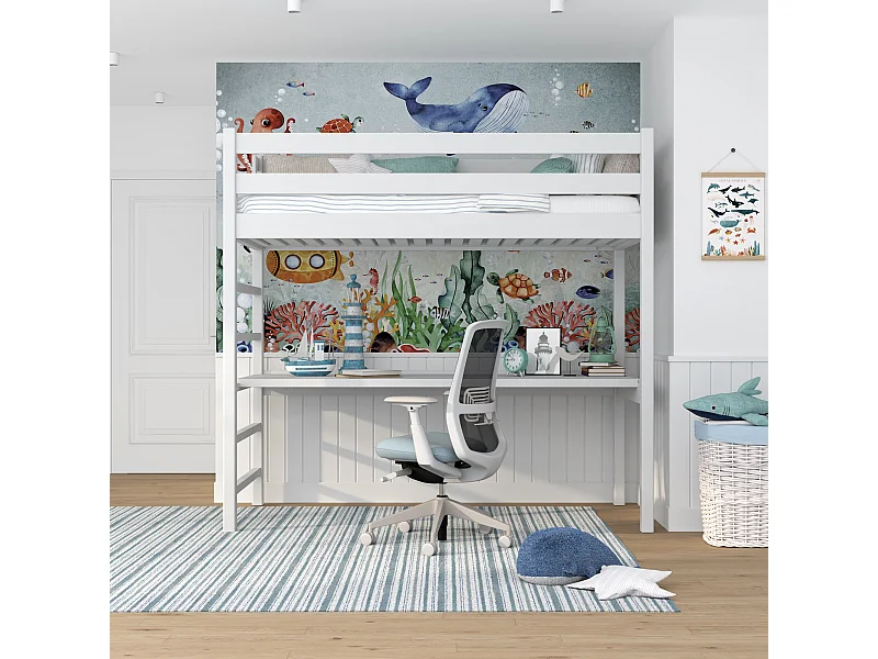 Lit mezzanine en bois - avec bureau N01 Blanc 120x190