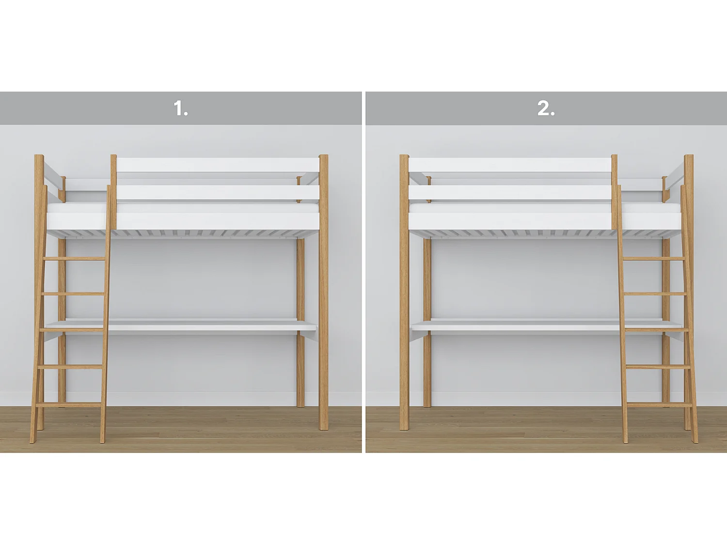 Lit mezzanine en bois - avec bureau N03 Blanc / Chêne Naturel 90x200