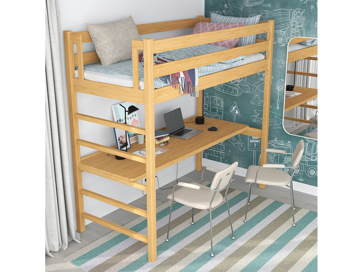 Lit mezzanine en bois - avec bureau N01 Pin Naturel 90x190