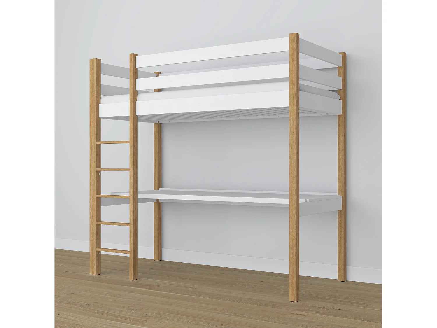 Lit mezzanine en bois - avec bureau N05 Blanc / Chêne Naturel 80x190