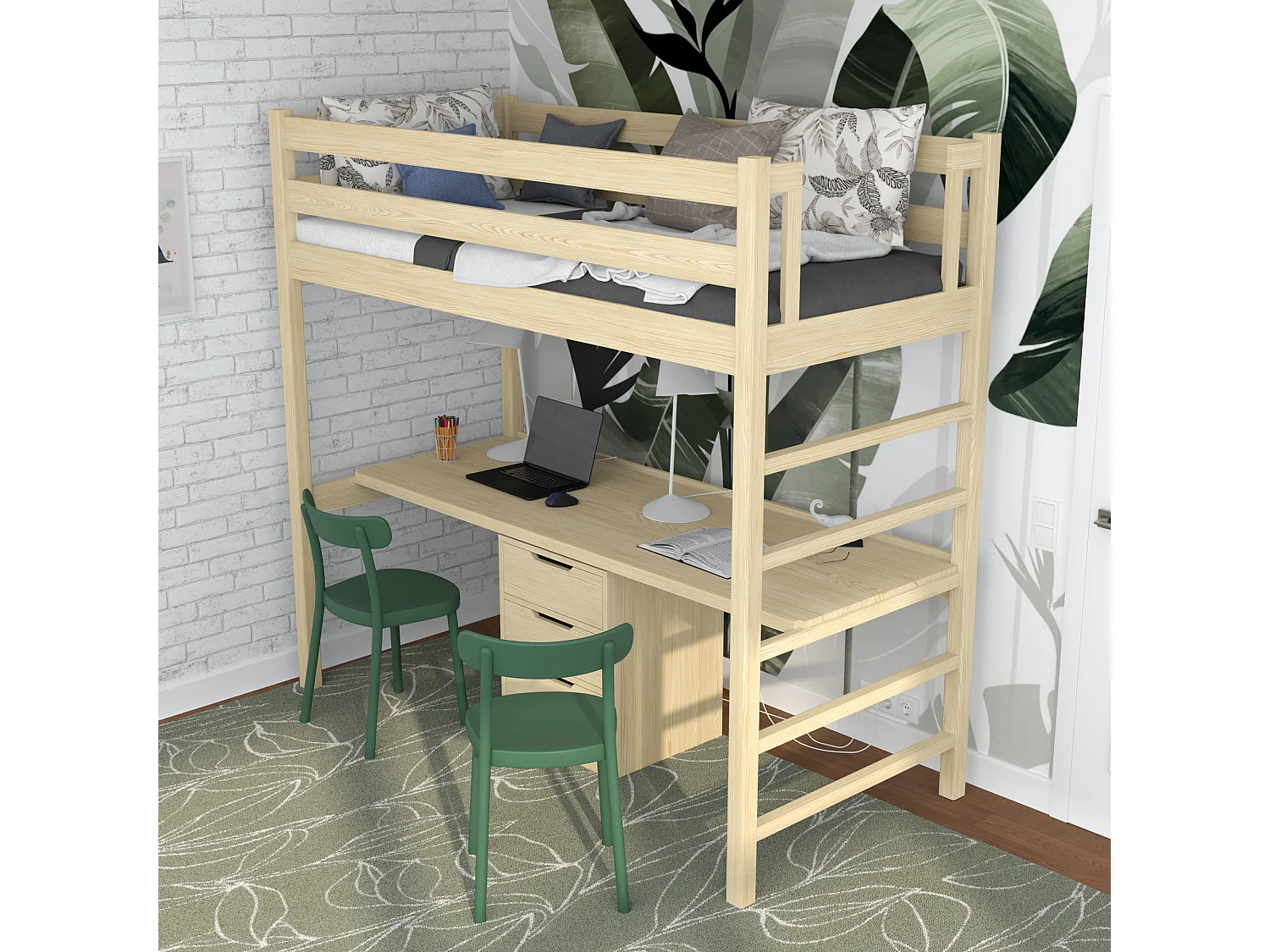 Lit mezzanine en bois - avec bureau N01 Pin Clair 120x180