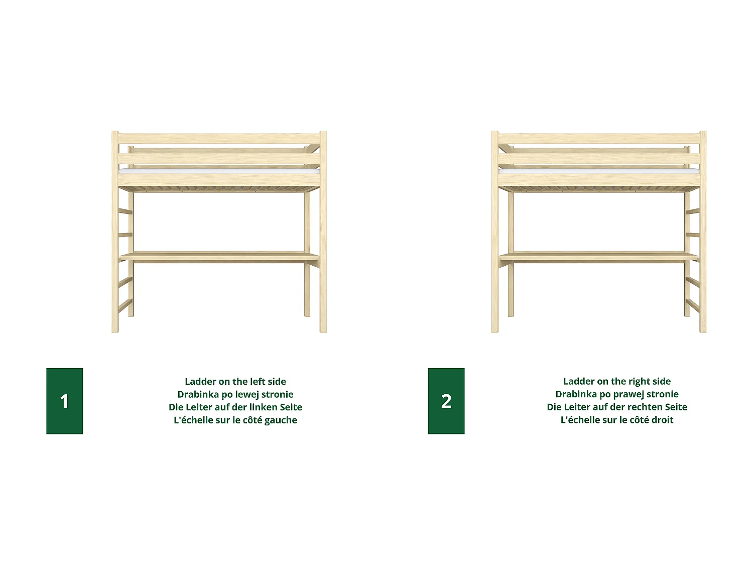 Lit mezzanine en bois - avec bureau N01 Pin Clair 120x180