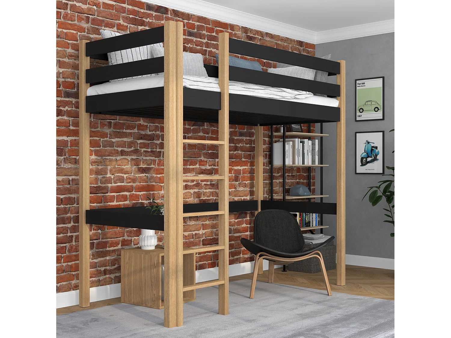 Lit mezzanine en bois N05 Noir / Chêne Naturel 80x200