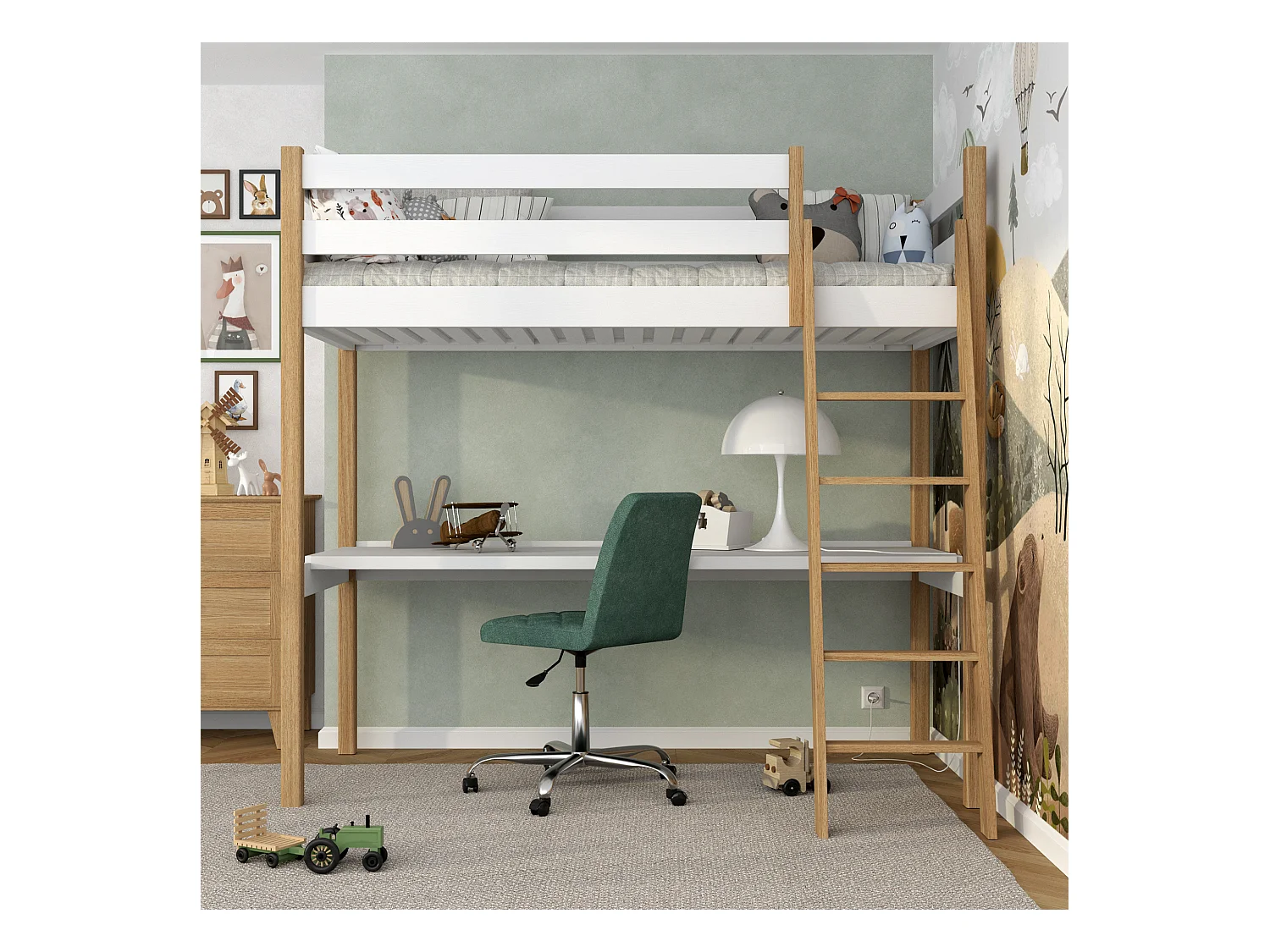 Lit mezzanine en bois - avec bureau N03 Blanc / Chêne Naturel 120x200