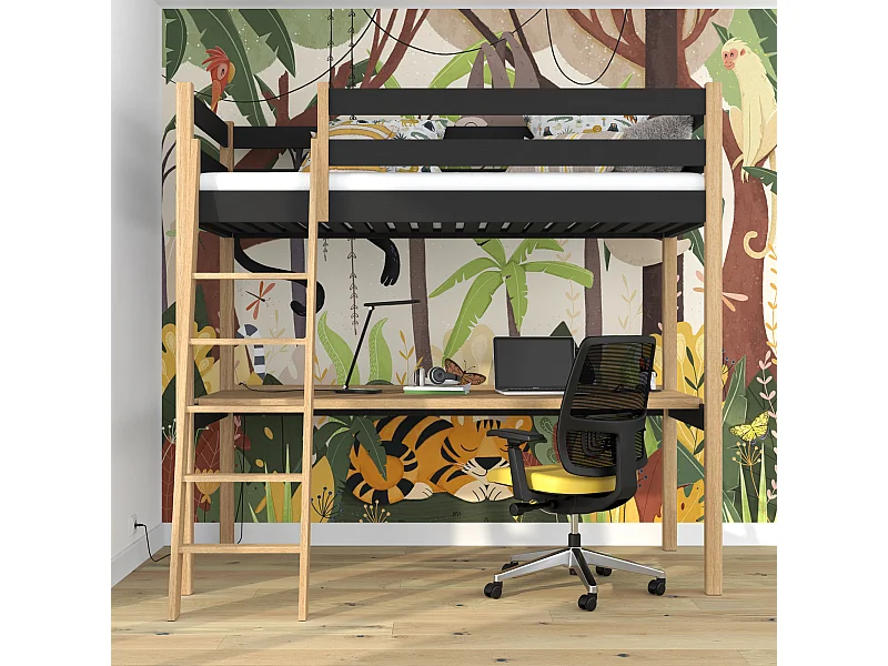 Lit mezzanine en bois - avec bureau N03 Noir / Chêne Naturel 120x180