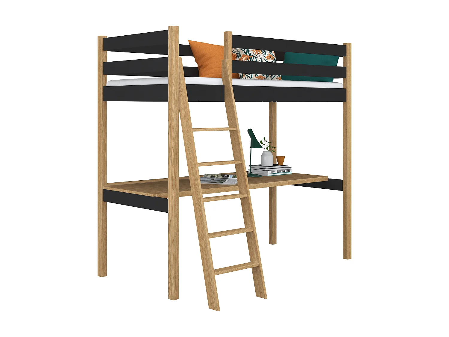 Lit mezzanine en bois - avec bureau N03 Noir / Chêne Naturel 120x180