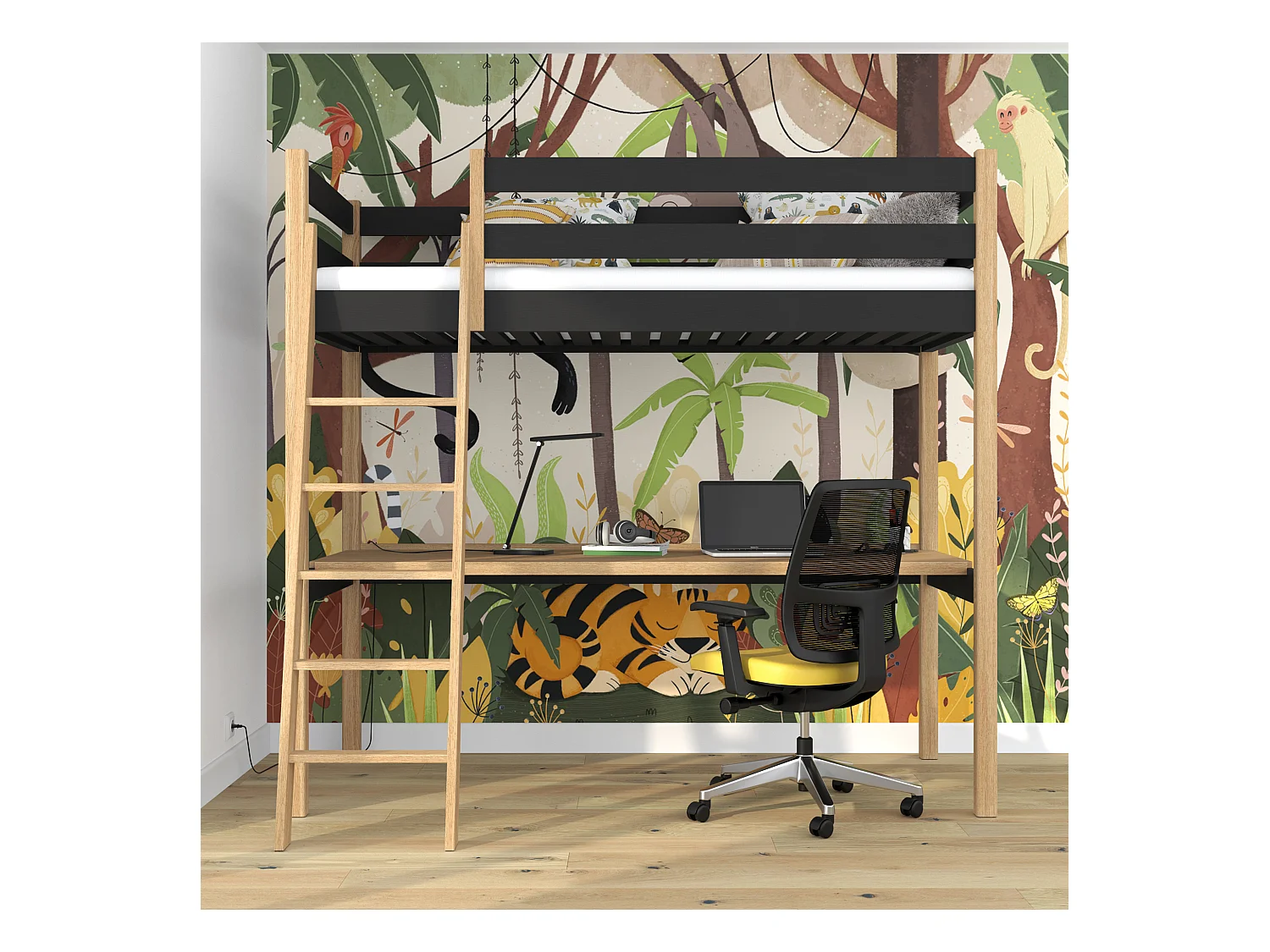 HOCHBETT N03 mit Schreibtisch Schwarz / Eiche Natur 120x180