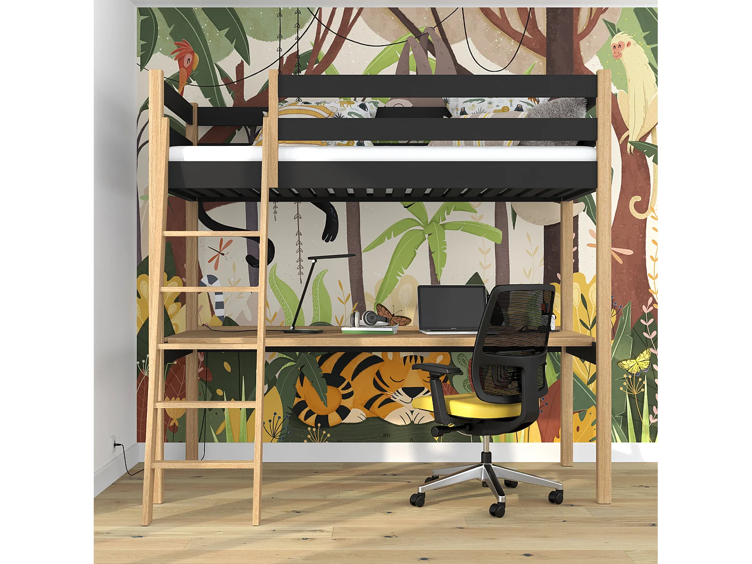 Lit mezzanine en bois - avec bureau N03 Noir / Chêne Naturel 120x180