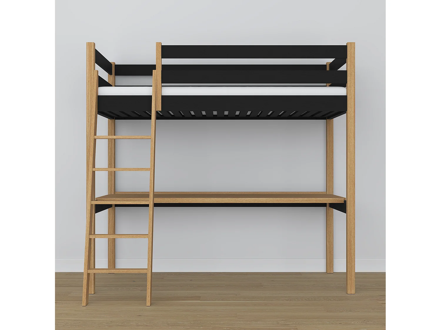 Lit mezzanine en bois - avec bureau N03 Noir / Chêne Naturel 120x180