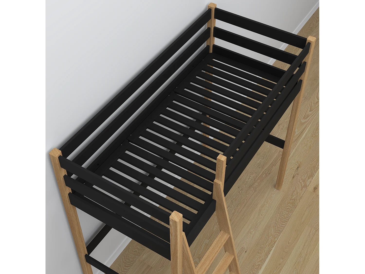 Lit mezzanine en bois - avec bureau N03 Noir / Chêne Naturel 120x180