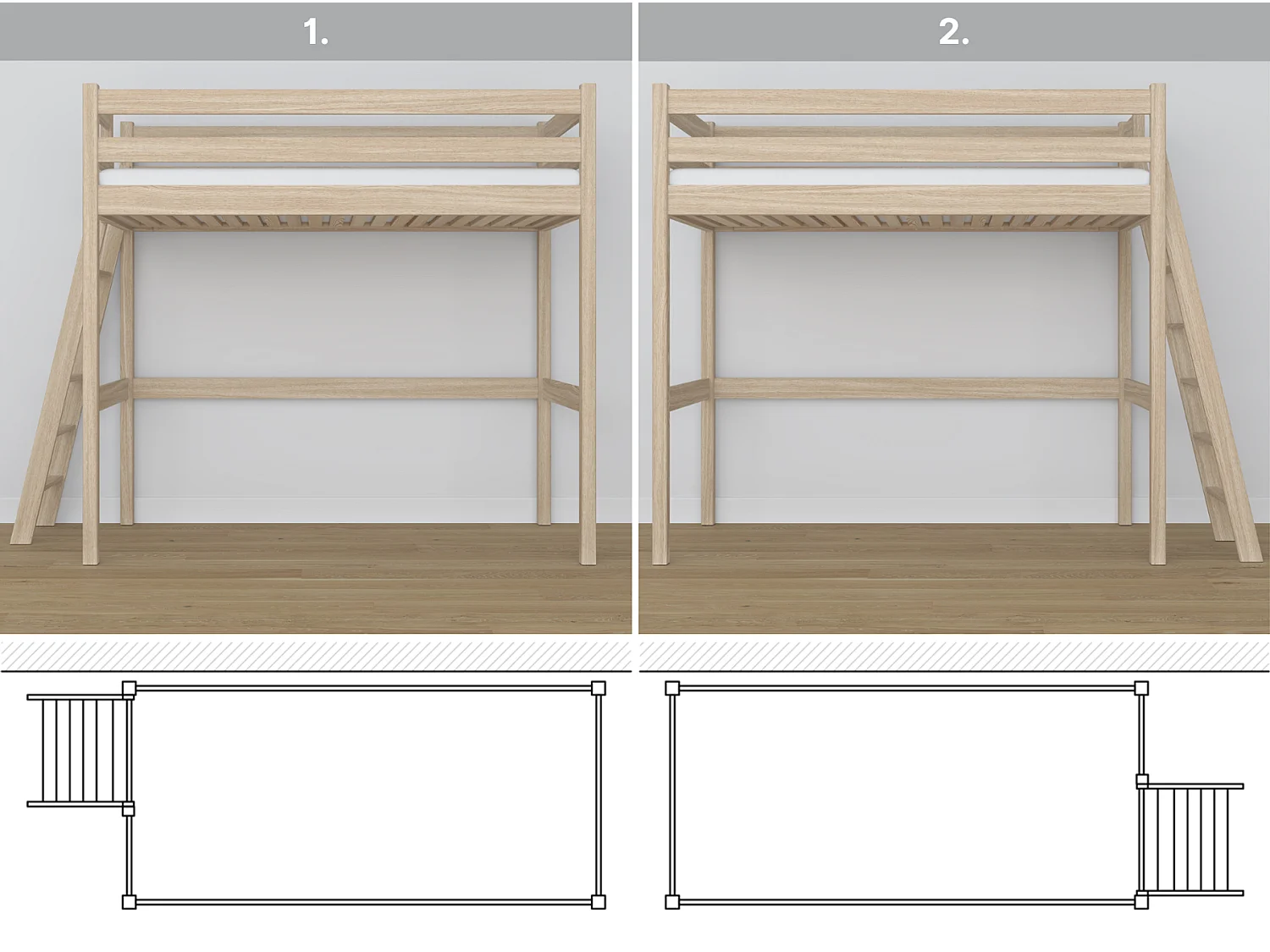 Lit mezzanine en chêne N02 Chêne Blanchi 120x200