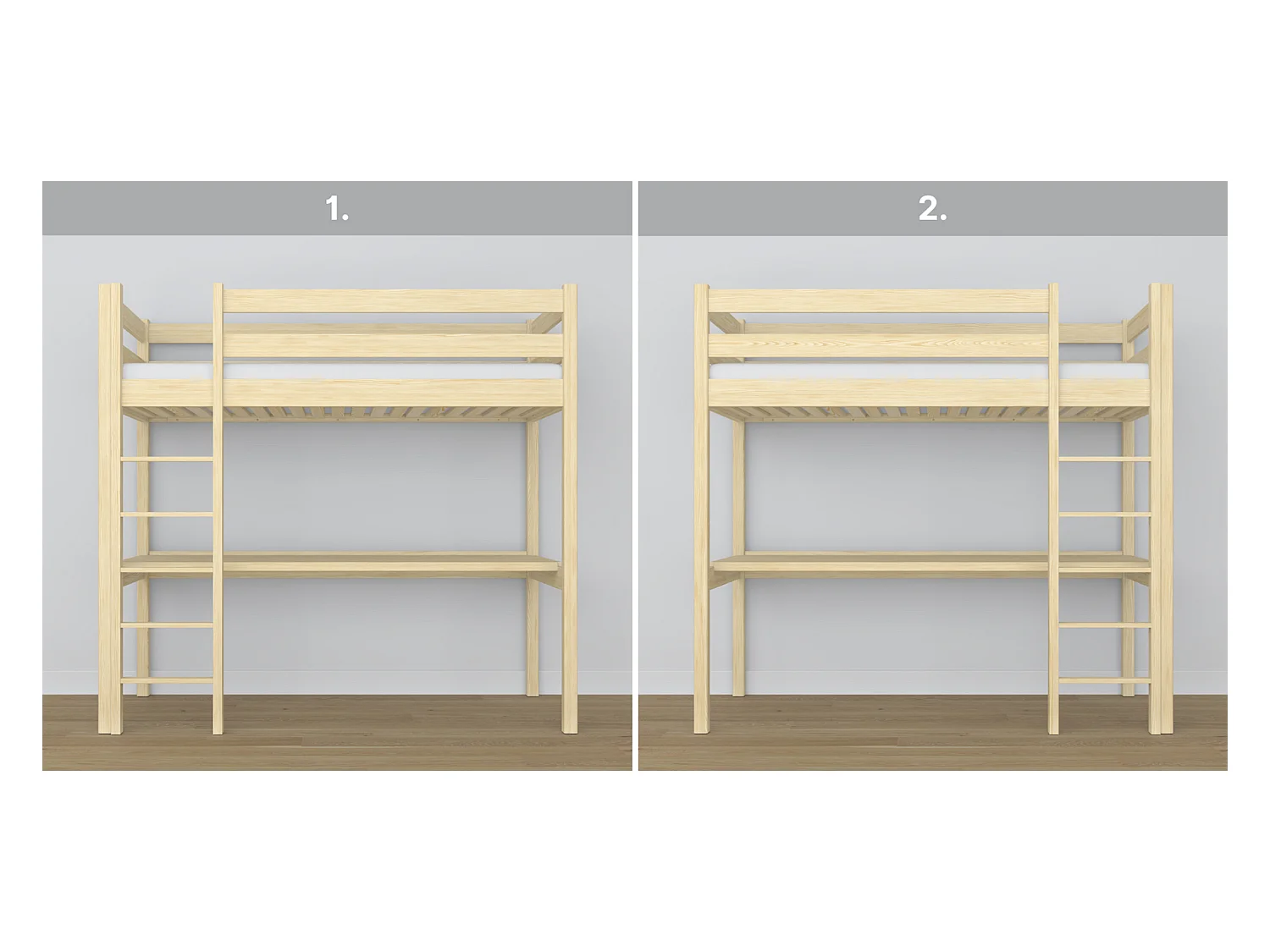 Lit mezzanine en bois - avec bureau N05 Pin Clair 90x190