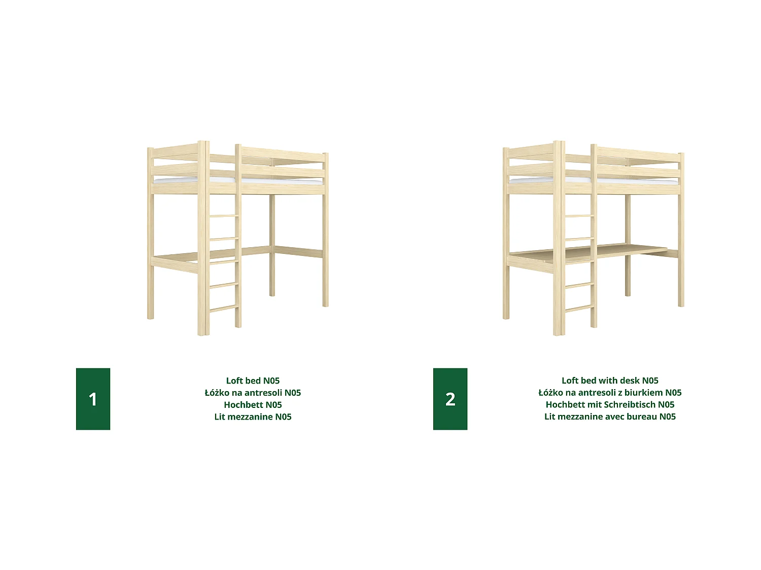 Lit mezzanine en bois - avec bureau N05 Pin Clair 90x190