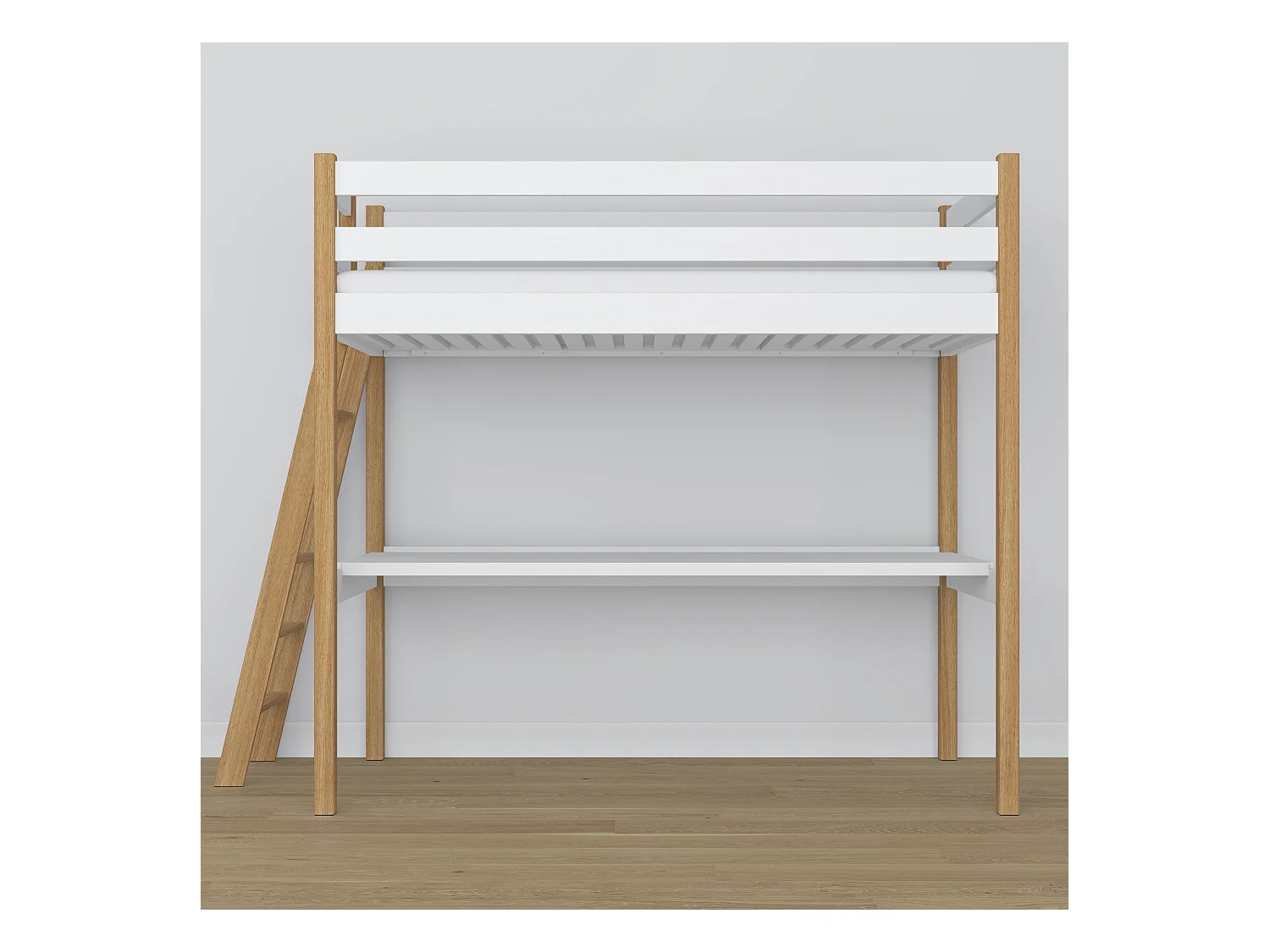 Lit mezzanine en bois - avec bureau N02 Blanc / Chêne Naturel 100x180