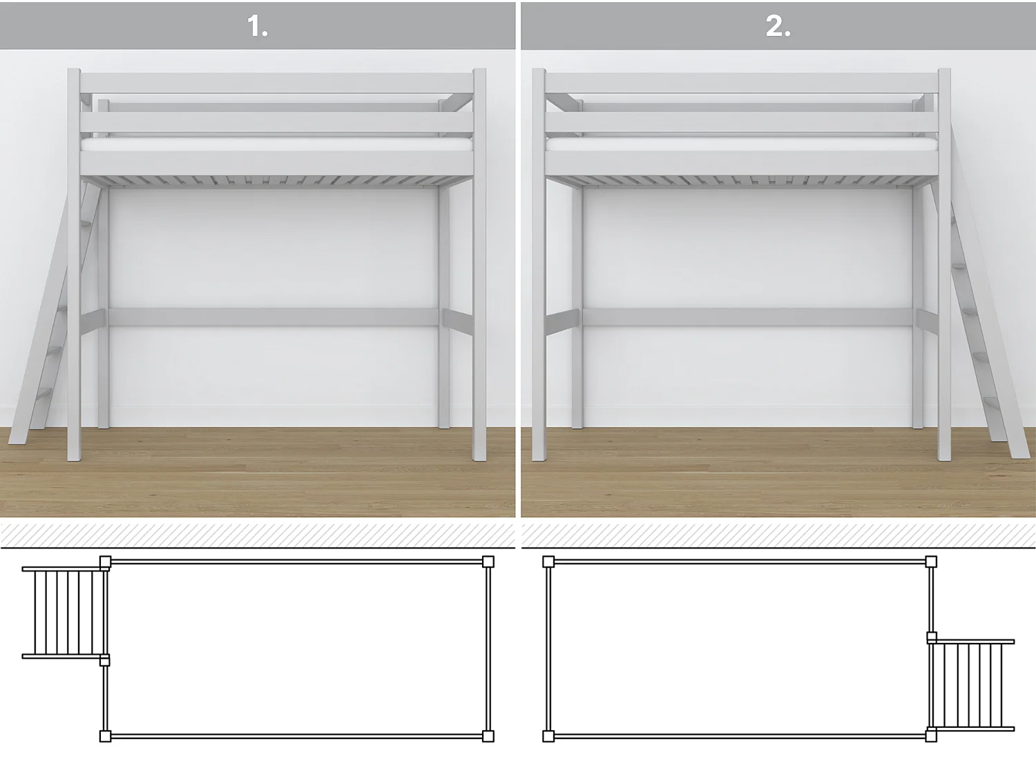 Lit mezzanine en bois N02 Gris 100x200
