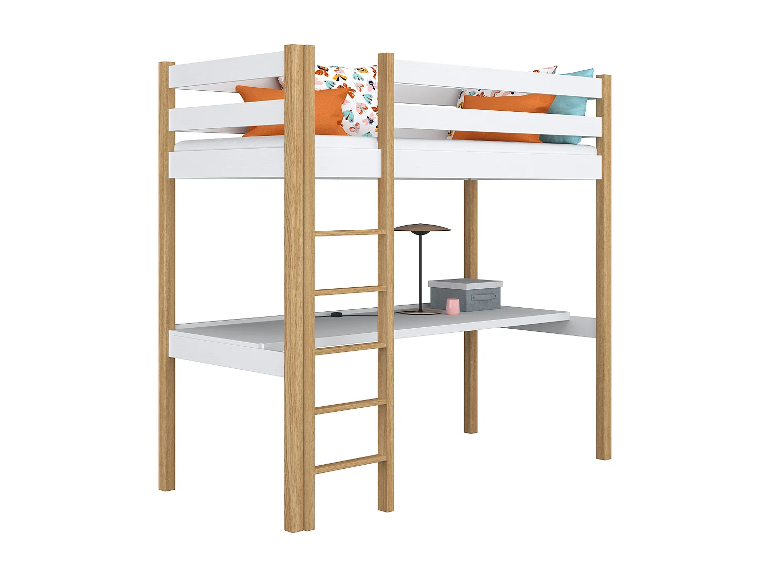 HOCHBETT N05 mit Schreibtisch Weiß / Eiche Natur 90x200