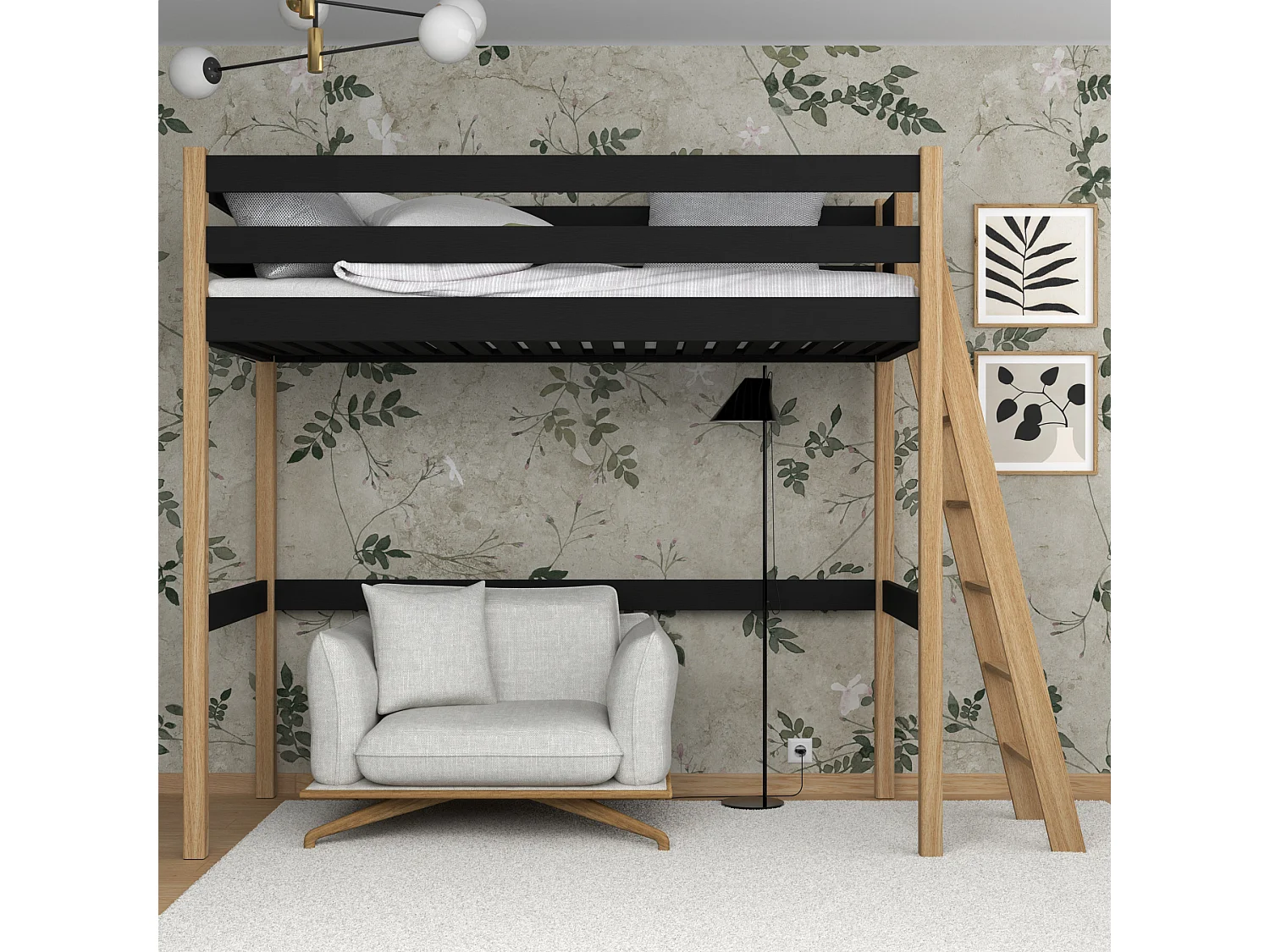 Lit mezzanine en bois N02 Noir / Chêne Naturel 80x200
