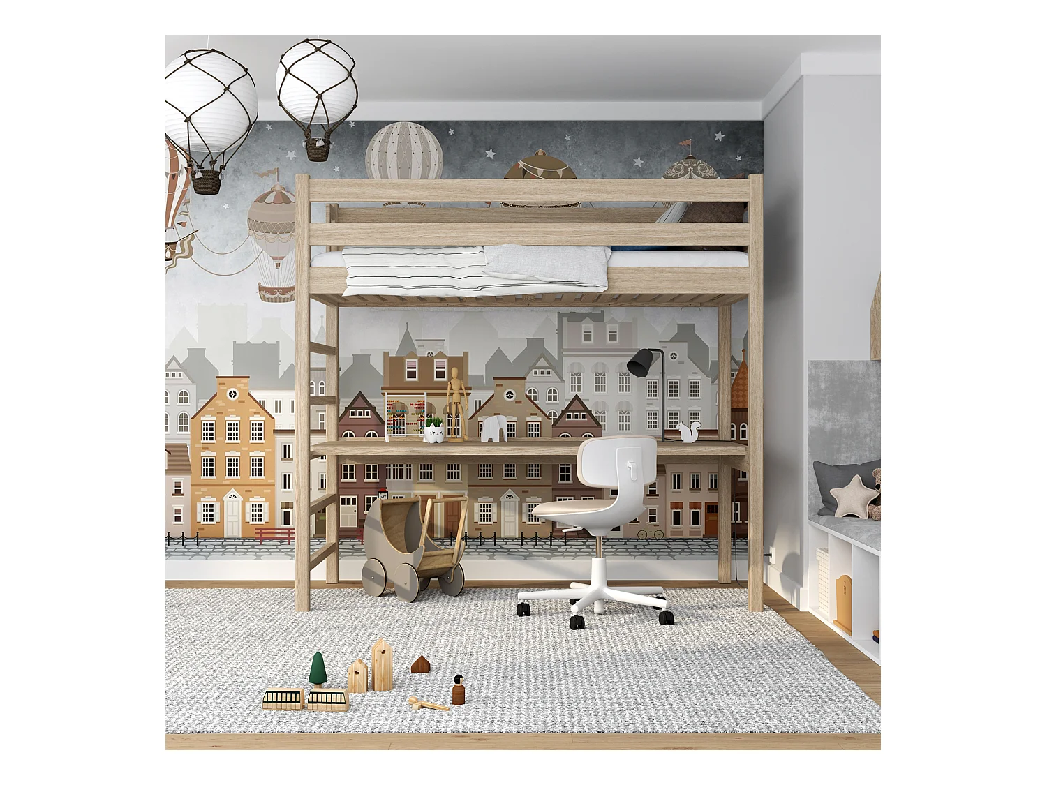Lit mezzanine en chêne - avec bureau N01 Chêne Blanchi 90x200