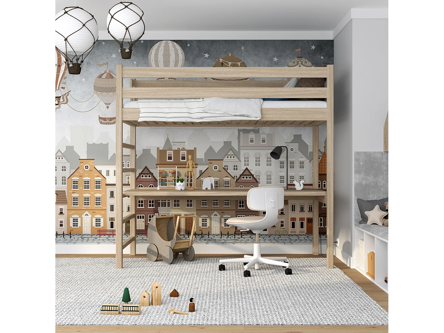 Lit mezzanine en chêne - avec bureau N01 Chêne Blanchi 90x200