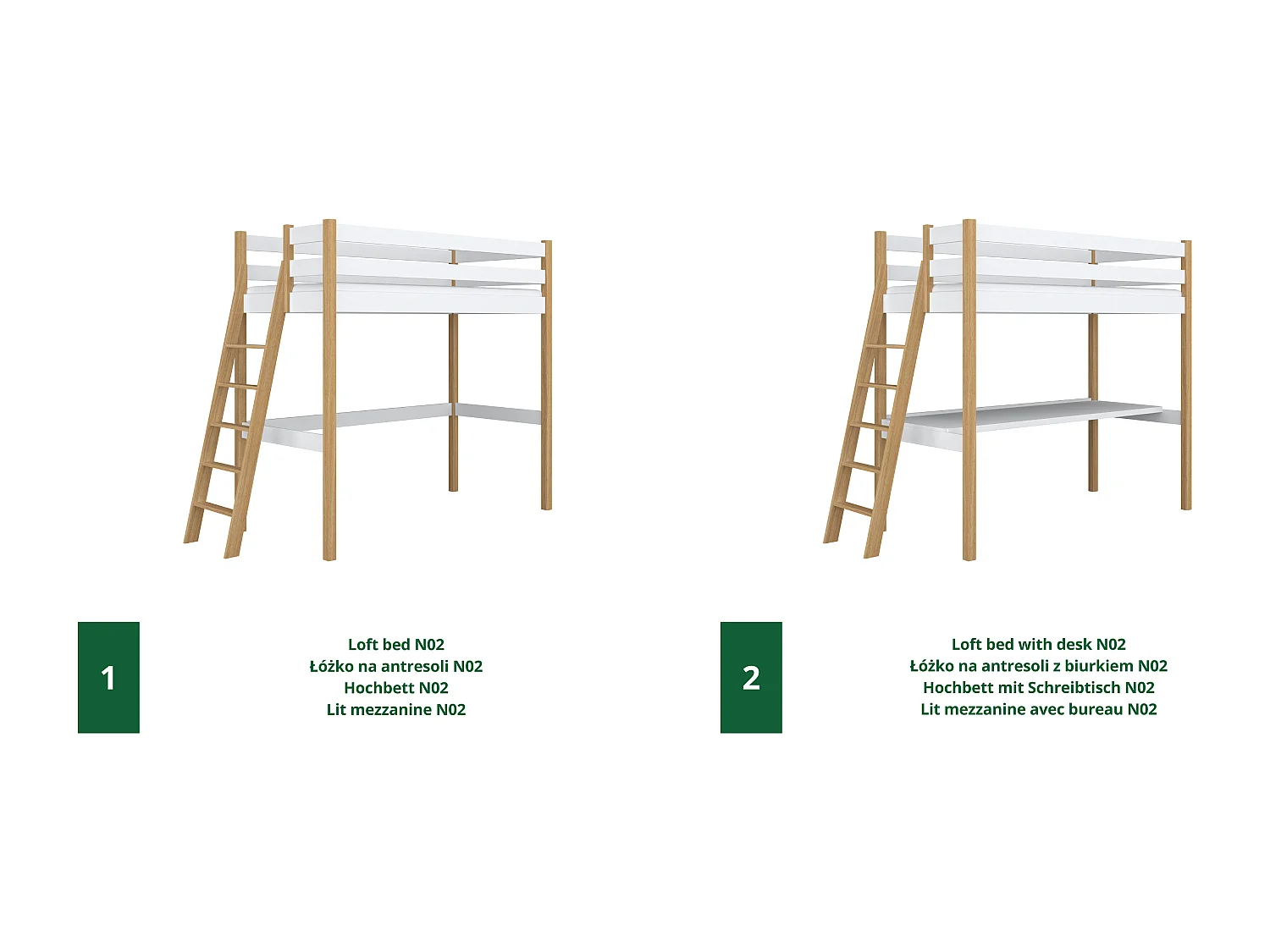 Lit mezzanine en bois - avec bureau N02 Blanc / Chêne Naturel 120x180