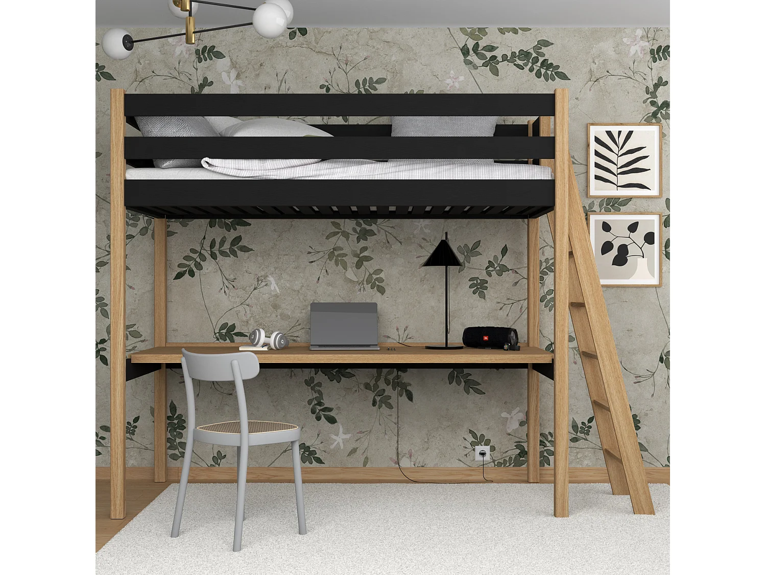 HOCHBETT N02 mit Schreibtisch Schwarz / Eiche Natur 120x200