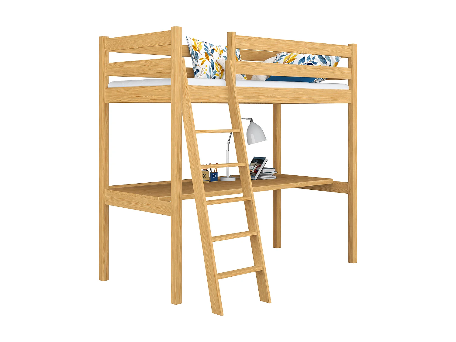 Lit mezzanine en bois - avec bureau N03 Pin Naturel 80x190