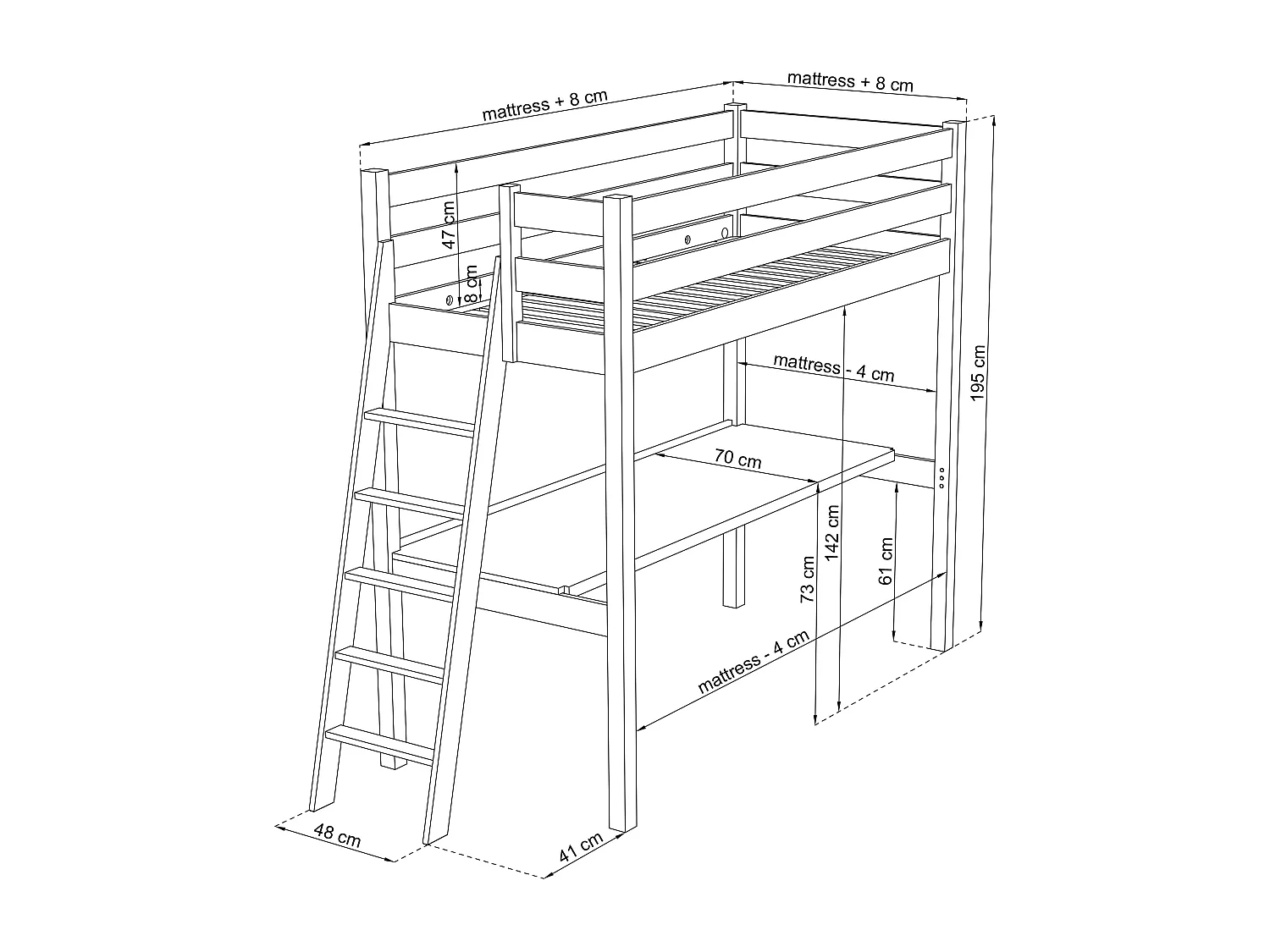 Lit mezzanine en bois - avec bureau N02 Blanc / Chêne Naturel 90x200