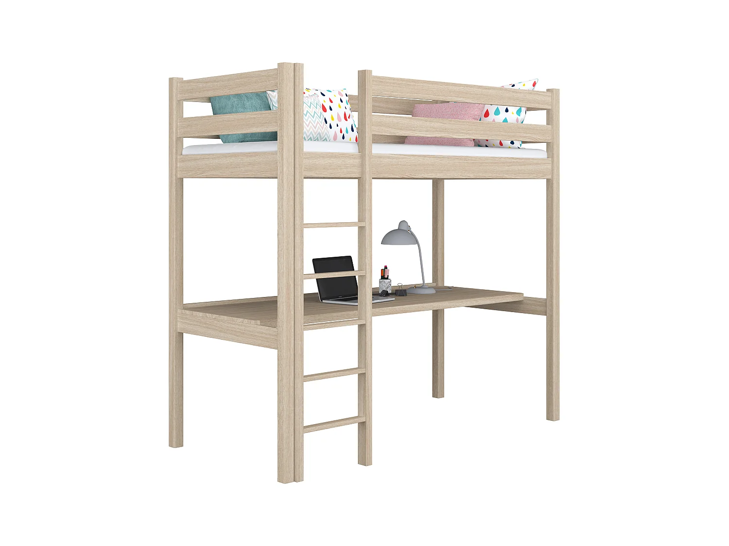 Lit mezzanine en chêne - avec bureau N05 Chêne Blanchi 80x180
