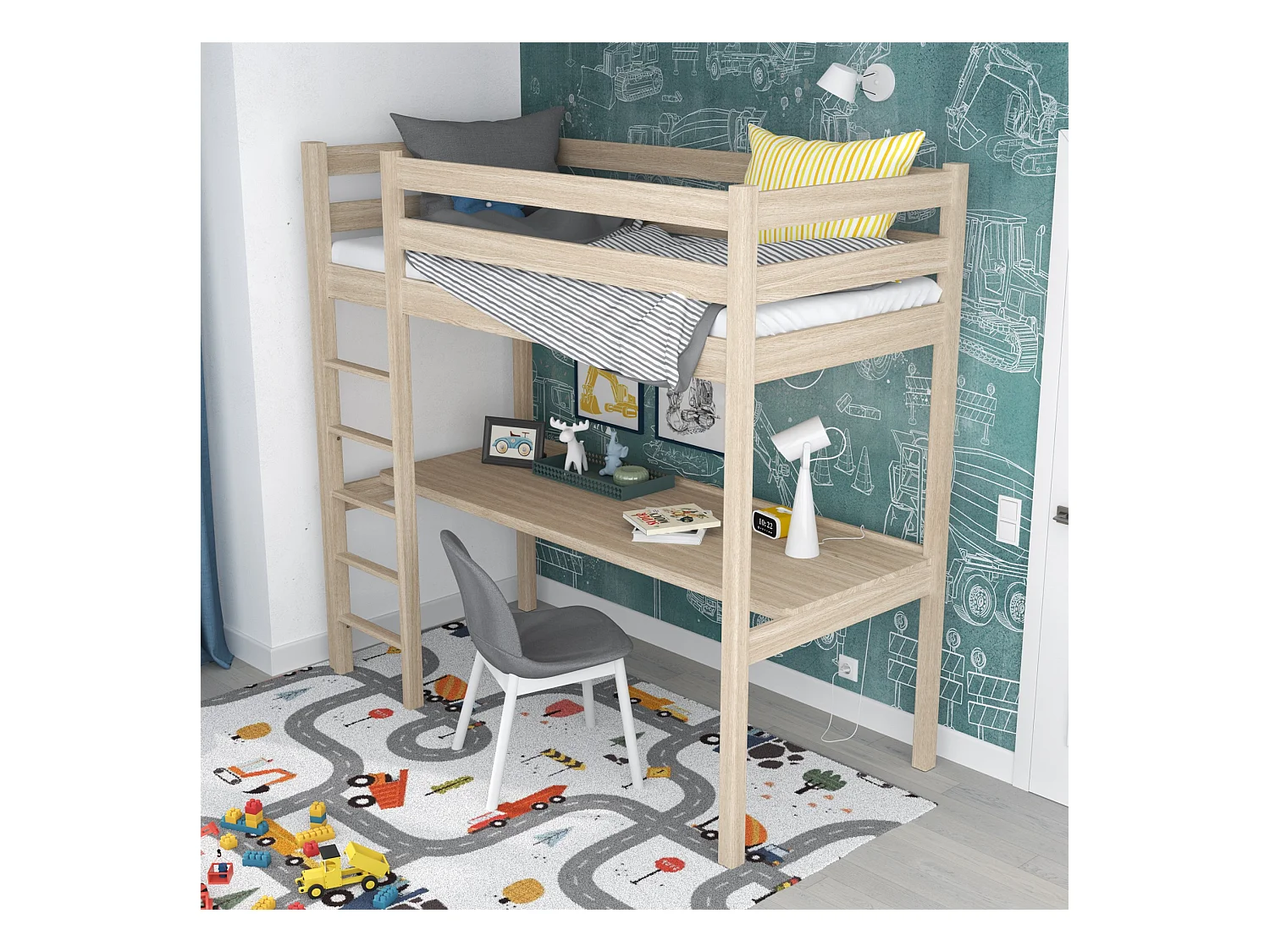 Lit mezzanine en chêne - avec bureau N05 Chêne Blanchi 80x180