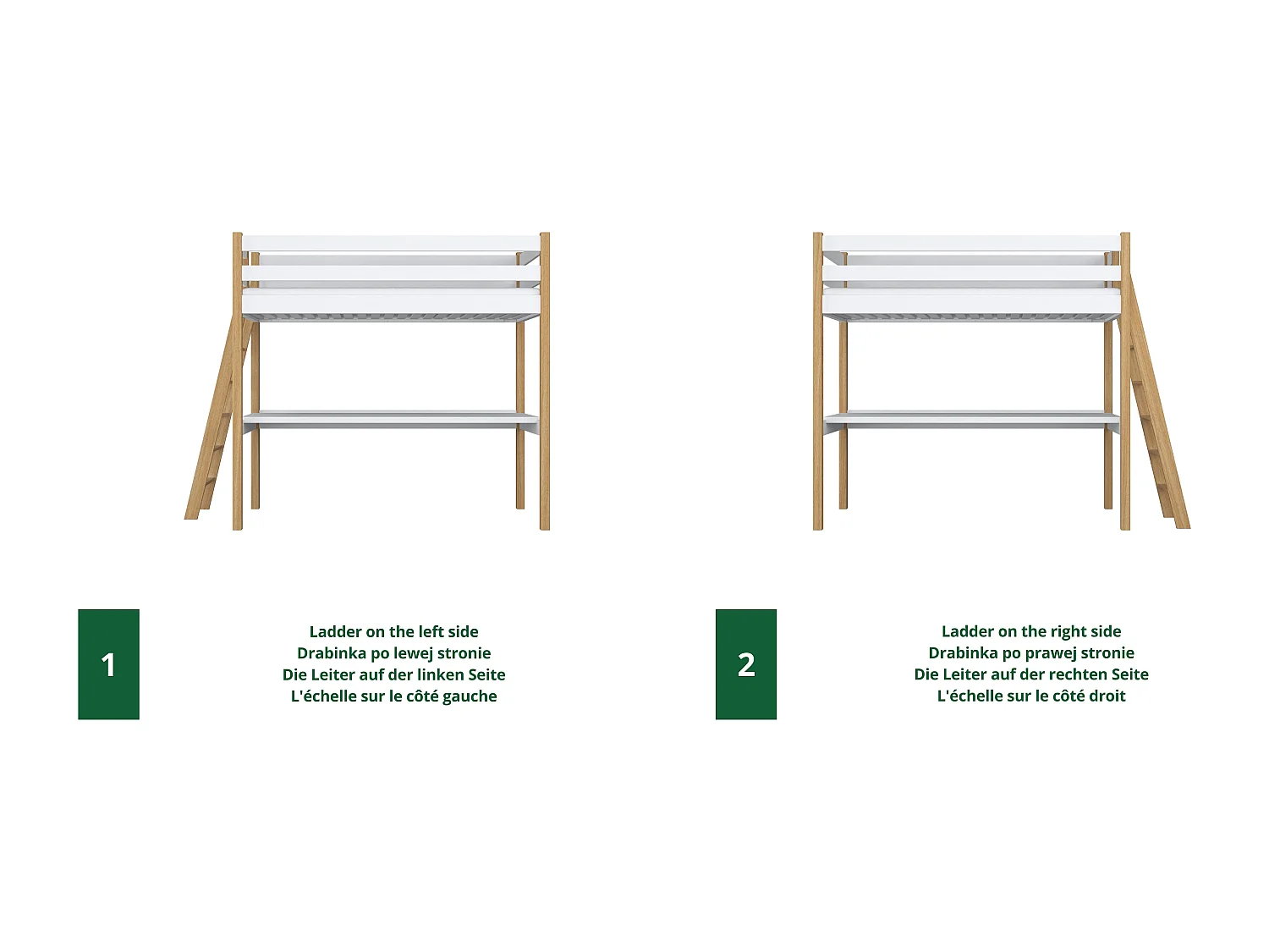 Lit mezzanine en bois - avec bureau N02 Blanc / Chêne Naturel 80x180