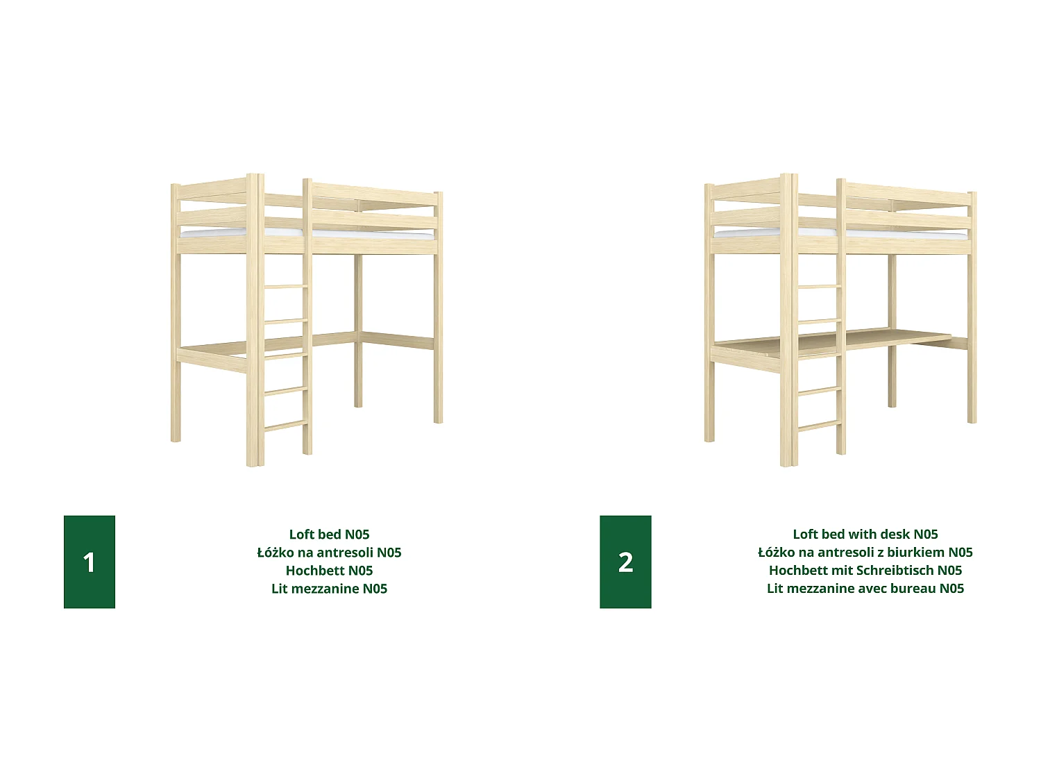 Lit mezzanine en bois N05 Pin Clair 120x180