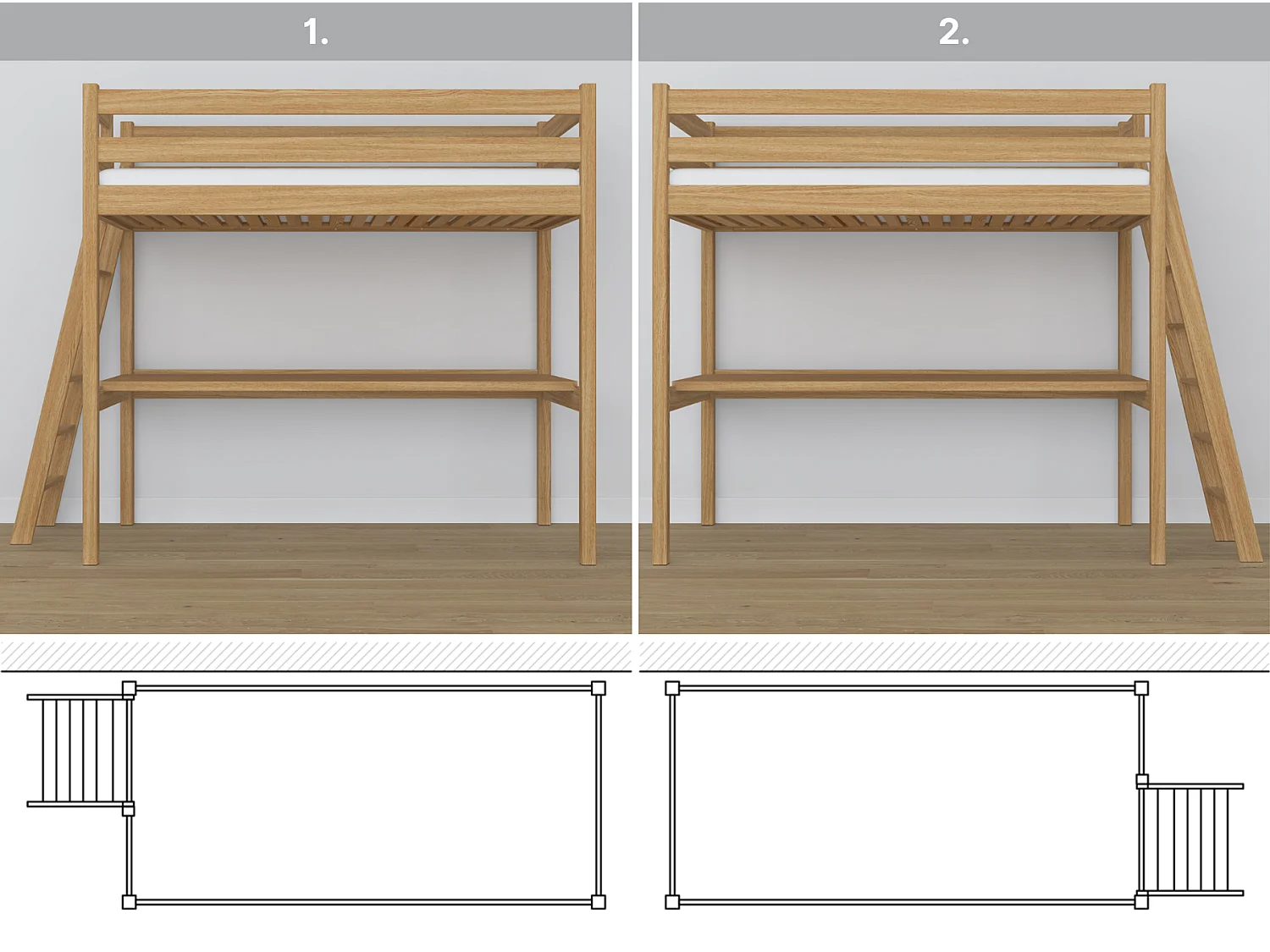Lit mezzanine en chêne - avec bureau N02 Chêne Naturel 90x180