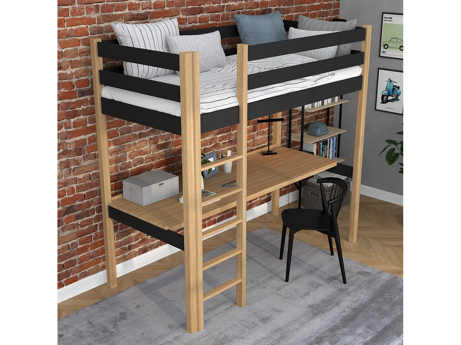 HOCHBETT N05 mit Schreibtisch Schwarz / Eiche Natur 100x200