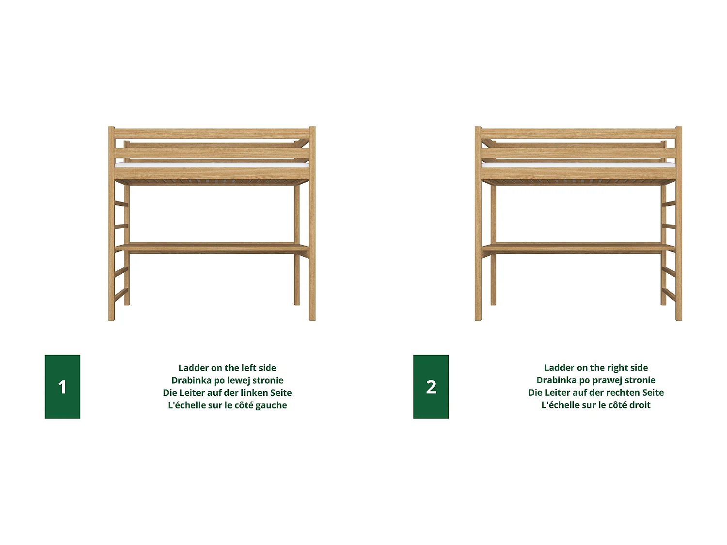 Lit mezzanine en chêne - avec bureau N01 Chêne Naturel 100x180