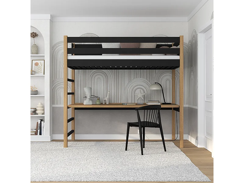 Lit mezzanine en bois - avec bureau N01 Noir / Chêne Naturel 80x200