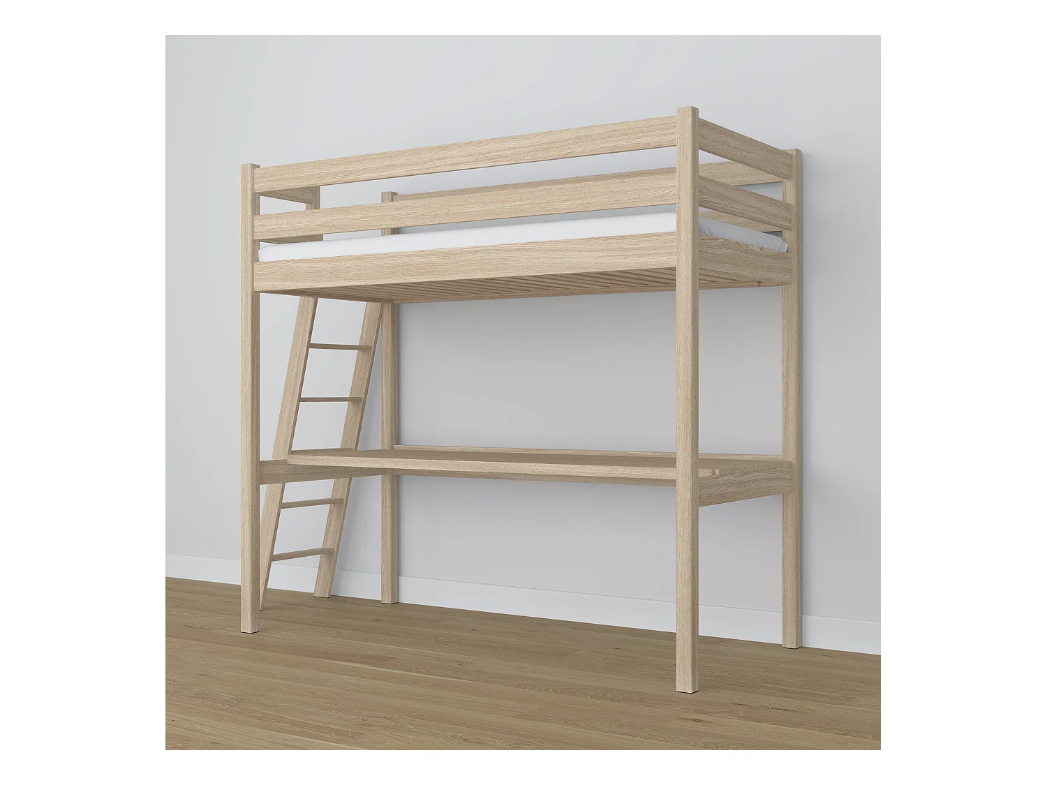 Lit mezzanine en chêne - avec bureau N02 Chêne Blanchi 90x190