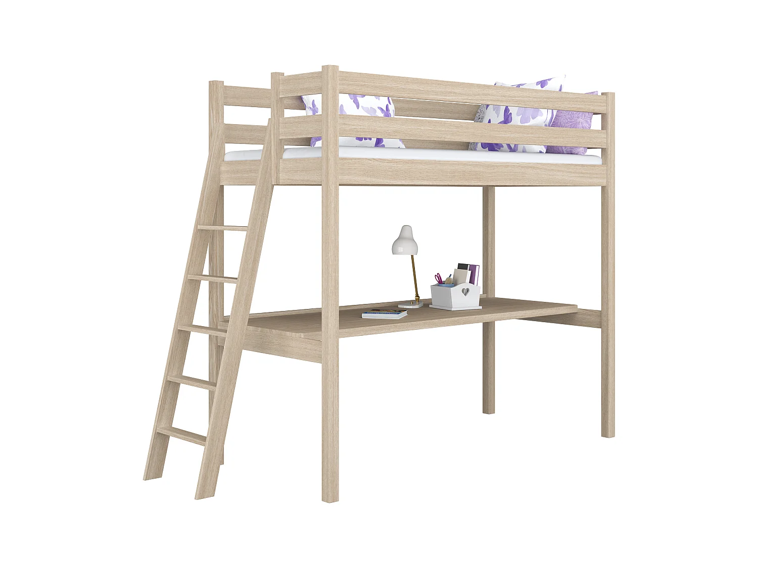 Lit mezzanine en chêne - avec bureau N02 Chêne Blanchi 90x190